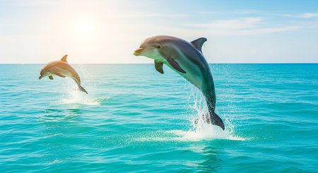 Dolphins jumping out of the water on a sunny summer day.の素材