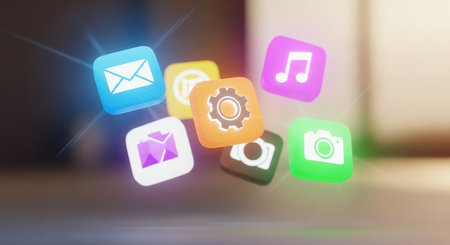 Digital composite of Colorful app icons with flare against blurry office backgroundの素材