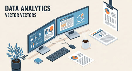 Data analysis isometric concept with computer monitor and documents on desktop vector illustrationの素材