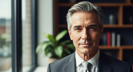 portrait of mature businessman in formal wear looking at camera in officeの素材