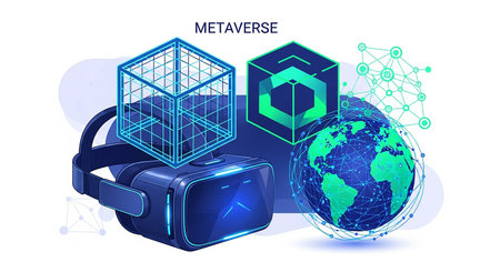 Virtual reality headset, 3d cube and earth. Vector illustration.の素材