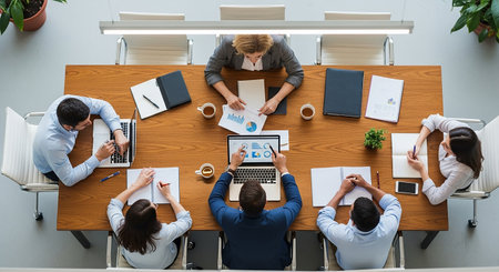 Top view of business people sitting at table and working together in officeの素材