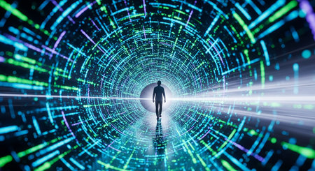 3D illustration of a man in the middle of a futuristic tunnel.の素材