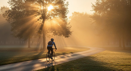 Cyclist riding bicycle in the park at sunrise. Sport and healthy lifestyle concept.の素材