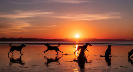 Sunset over the sea with silhouettes of dogs in the waterの素材