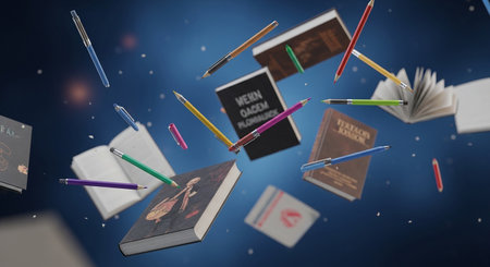 Book and pencils flying in the air, 3d rendering. Computer digital drawing.の素材