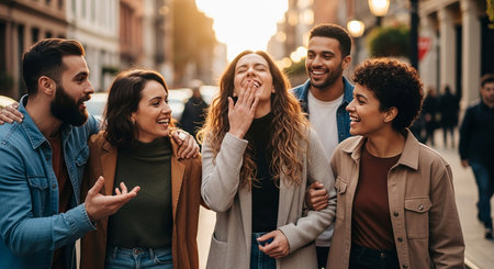 Group of friends walking in the city. Group of young people having fun together.の素材