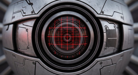 3D rendering of a robot with a red light on the eyeの素材