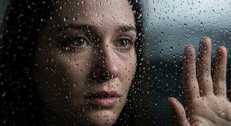 Close-up portrait of a young woman looking at the camera through the window with raindropsの素材