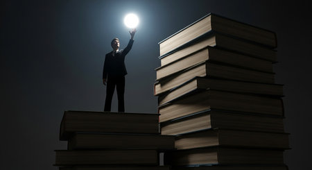 Conceptual image of businessman standing on pile of books and holding light bulbの素材