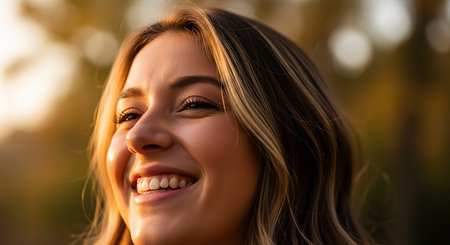 Close up portrait of a beautiful young woman smiling and looking at cameraの素材