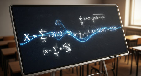 Mathematical formulas drawn on a blackboard in a classroom 3D renderingの素材
