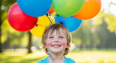 Cute little boy with balloons in park on a sunny summer dayの素材