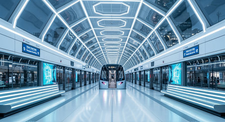 subway station with blue light in shanghai china.の素材