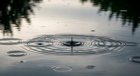 Falling drops of water. Splash effect after collision a falling drops with water Surfaceの素材