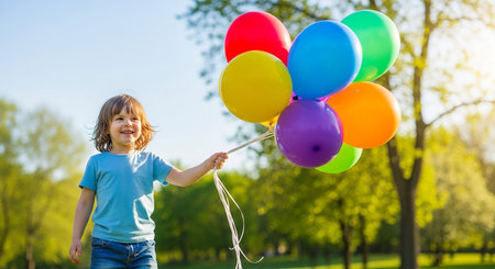 Cute little girl with balloons in the park on a sunny dayの素材