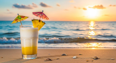 Pina colada cocktail on the beach with sea and sunset backgroundの素材