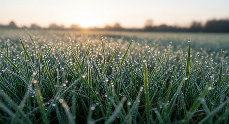 Morning dew on the green grass in the field. Shallow depth of field.の素材