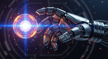 Robot hand on blurred background holding holographic sphere 3D renderingの素材