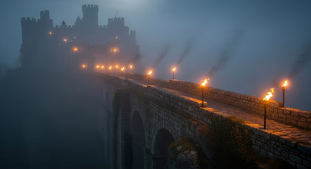 Medieval castle in foggy morning. Old bridge over the river.の素材