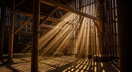 Sun beams in a wooden barn. The rays of the sun make their way through the wooden beams.の素材