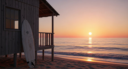 Wooden hut with surfboard on the beach at sunset. 3d renderの素材