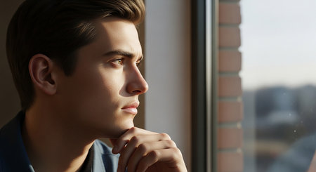Portrait of a handsome young man looking out the window. Men's beauty, fashion.の素材