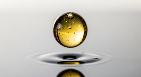 Splash of water with a drop of oil on a gray backgroundの素材