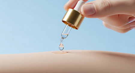 Female hand holding dropper with drop of cosmetic oil on woman bodyの素材
