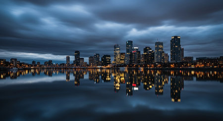 Cityscape of Rotterdam with reflection on the water, Hollandの素材
