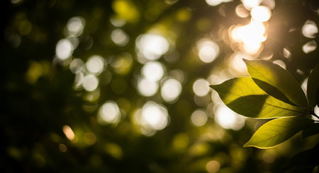Green leaves in the forest with sunlight and bokeh background.の素材
