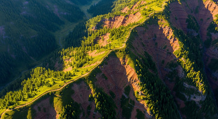 Aerial view of green forest in mountains at sunset time. Nature backgroundの素材