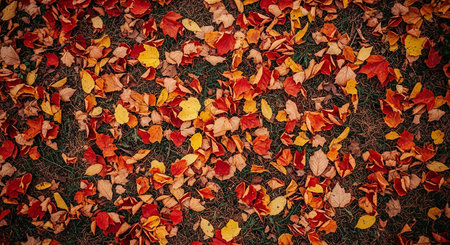 Colorful autumn leaves on the ground. Autumn background. Selective focus.の素材
