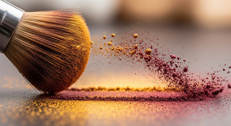 Makeup brush with crushed eyeshadow palette on a table.の素材