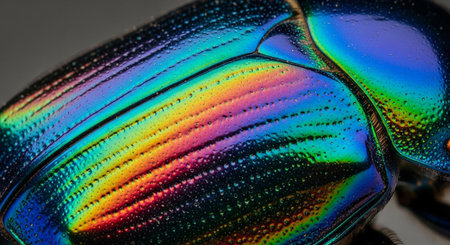 Macro shot of a black beetle with rainbow iridescent skinの素材