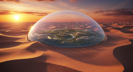 360 degree spherical panorama 360 degrees angle view of sand dunes and small town in the middle of the desert at sunsetの素材