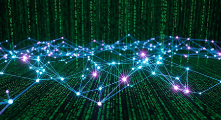 3d illustration of binary code with connection lines and dots on green backgroundの素材