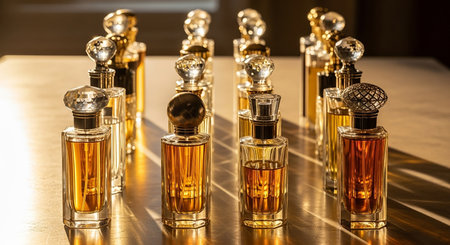 Perfume bottles on a table in a luxury parlourの素材