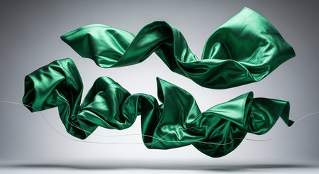 3D render of green satin fabric flying in the wind on gray backgroundの素材