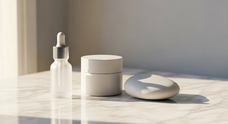 Cosmetic bottle with dropper on white marble table, 3d renderの素材