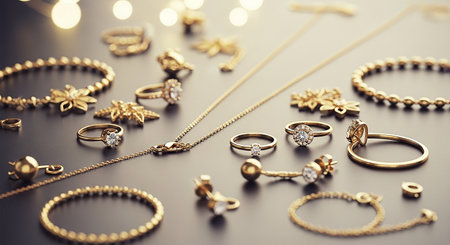 Jewelry background with gold rings, bracelets and earringsの素材