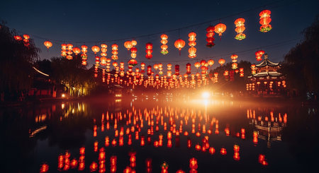 Chinese lanterns on the river at night in Suzhou, Chinaの素材