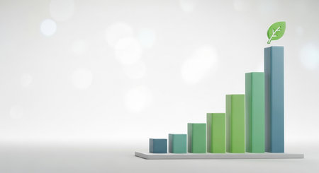 3D rendering of a green and blue bar chart with a leafの素材