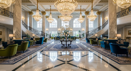 Luxury hotel lobby interior with a beautiful marble floor and luxurious furniture.の素材