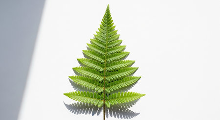 Fern leaf on white background with copy space. Flat lay.の素材