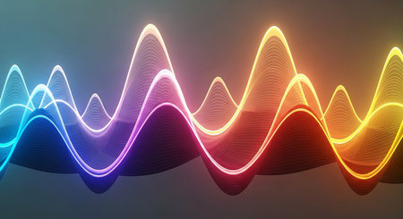 abstract colorful sound wave on dark background, 3d render illustrationの素材