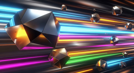 3d rendering of abstract geometric shapes in space with light rays.の素材