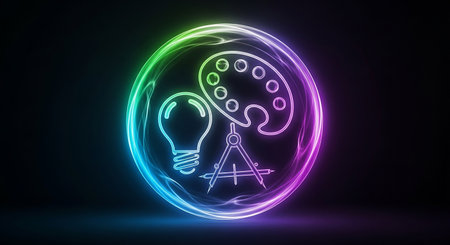 Glowing neon light bulb icon on dark background. 3D renderingの素材