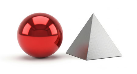 3d rendering of a red sphere with a pyramid in the backgroundの素材