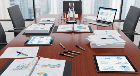 business documents and charts on the table, workplace, 3d renderingの素材
